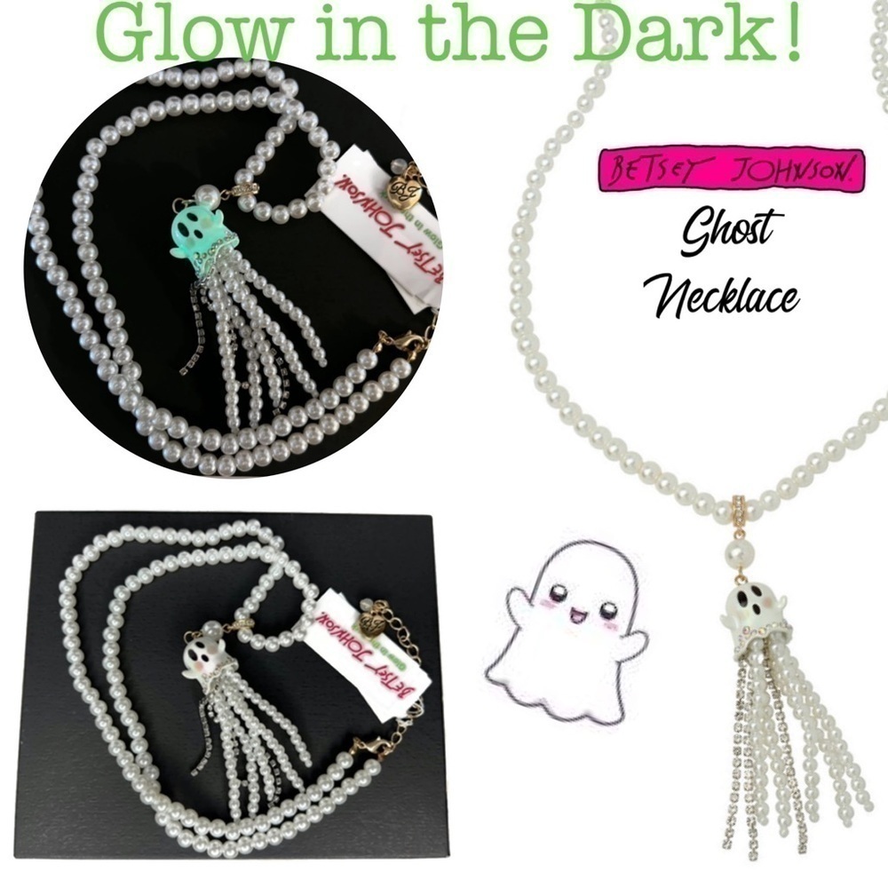 Betsey Johnson Pearl Diamond White Ghost Necklace Halloween Jewelry Glow in Dark
